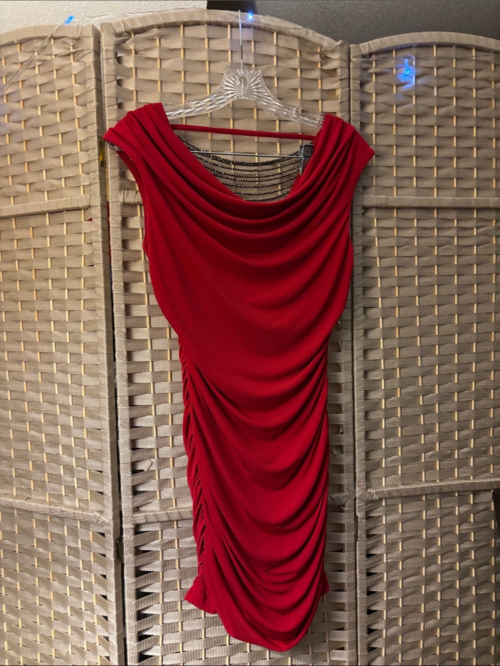 Red Draped Cowl Neck Women's Dress